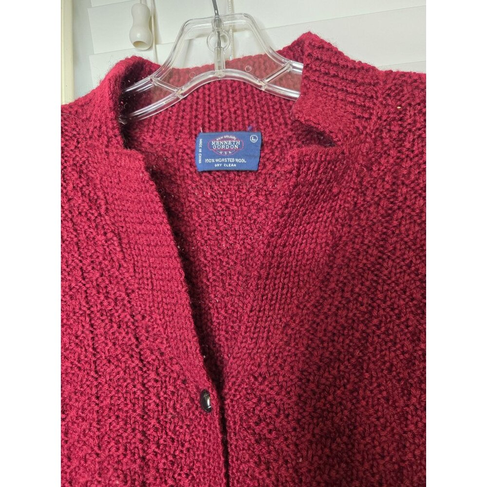 VTG Womens Red 100% Wool Shawl Cardigan Sweater L peplum chunky Academia classic - Picture 7 of 11